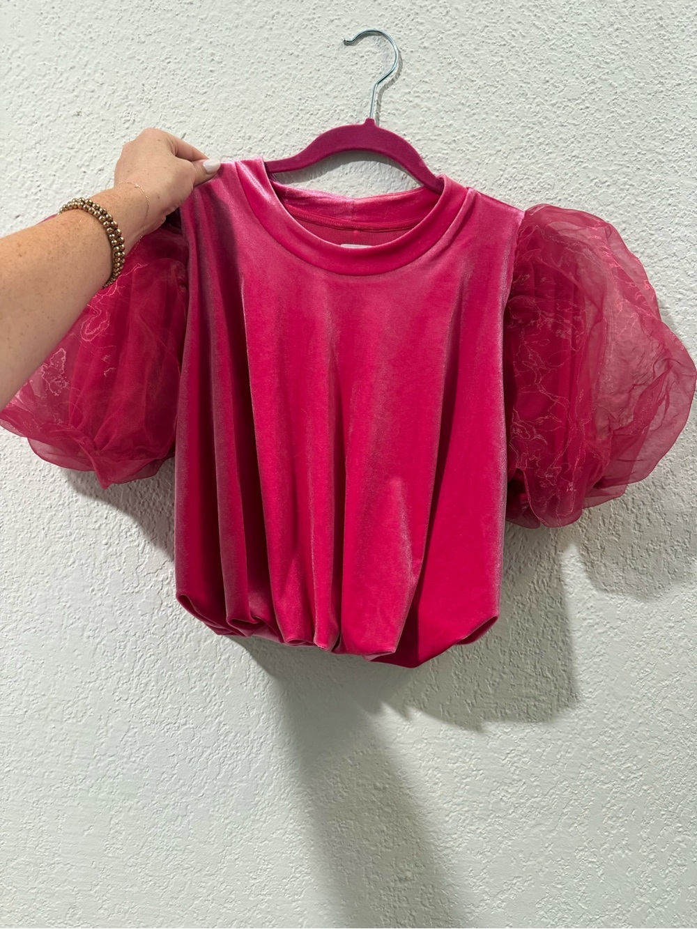 Maeve Hot Pink Velvet Top with Sheer Puff Sleeves
